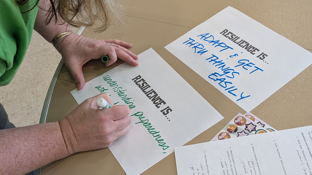 Hands writing on a poster about the meaning of the word Resilience