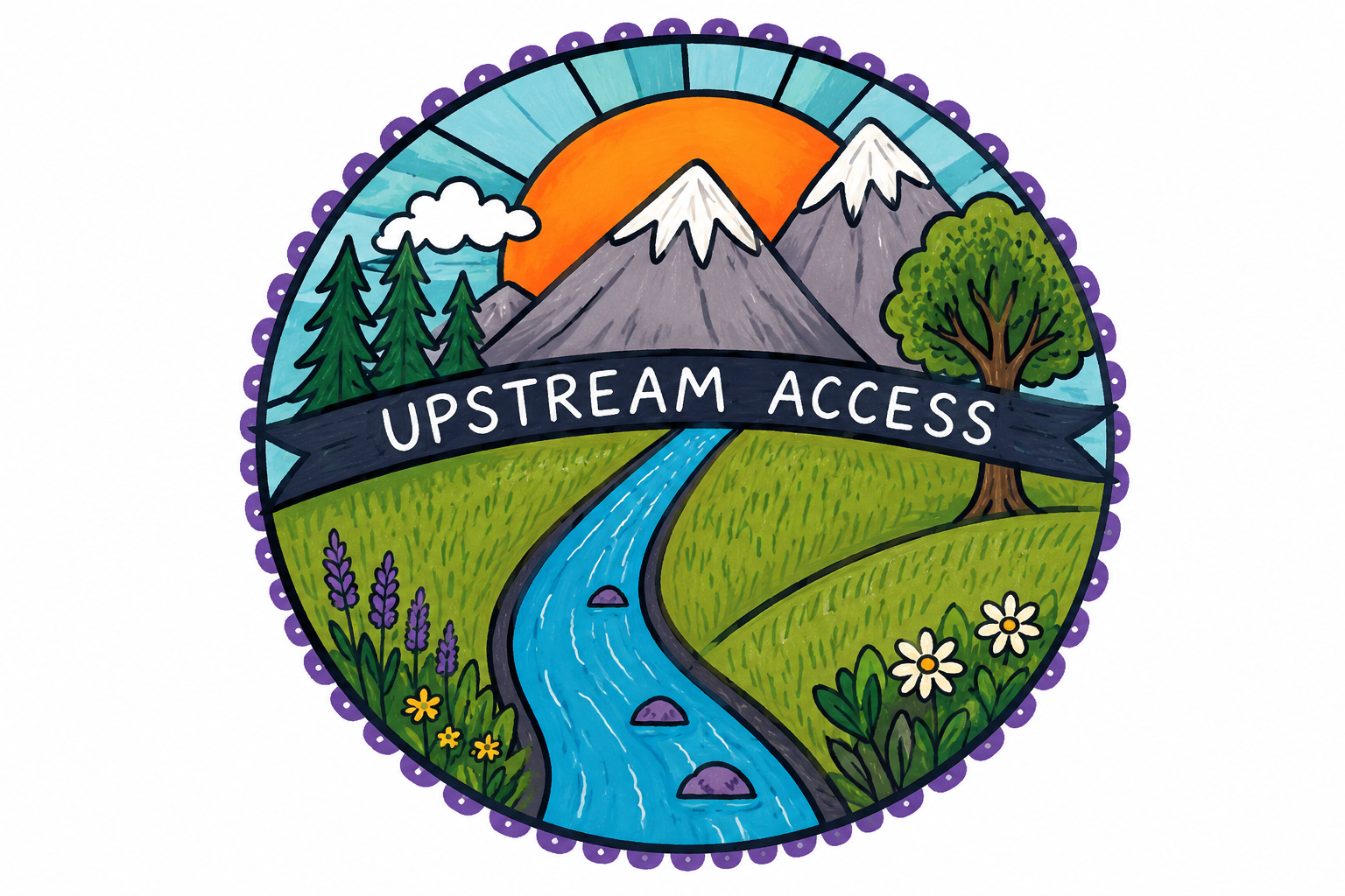 Drawing of mountains wiht a river flowing upward. And Upstream Access written below the mountains.